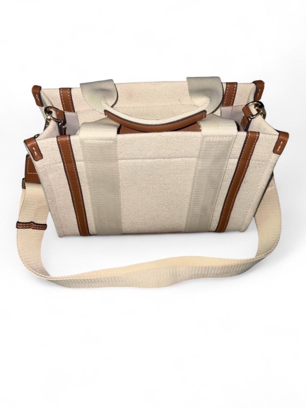 Cream Canvas Crossbody Bag with Brown Leather Trim